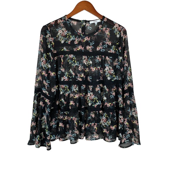 Ro & De Tops - Ro & De Blouse Sheer Black Floral Long Sleeves L